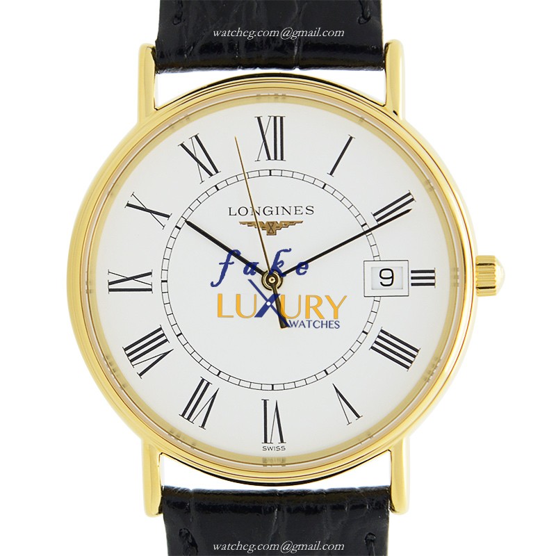 Longines L4.720.2.11.2 Replica Watch, Quartz, White Dial, PVD Gold Case, Black Leather Strap - Luxury Replica Watch