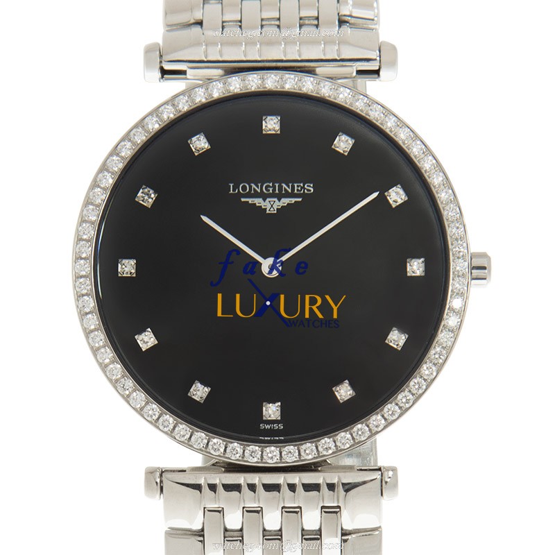 Longines L4.741.0.58.2 La Grande Quartz Replica Watch, Black Dial, Steel & Diamonds