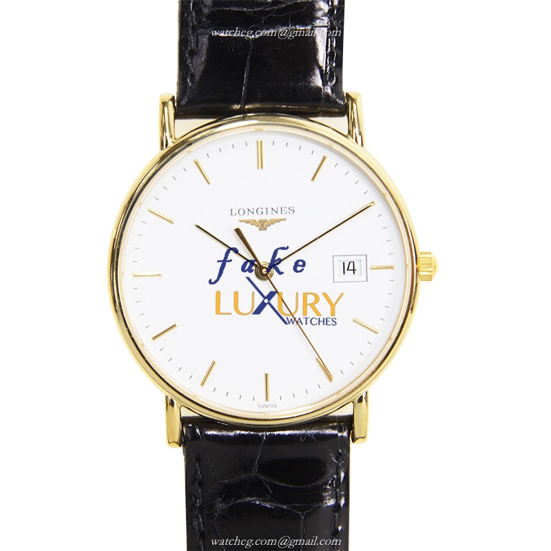 Longines L4.743.6.12.0 Quartz Replica Watch, 18kt Yellow Gold Case, White Dial, Black Alligator - Luxury Replica Watch