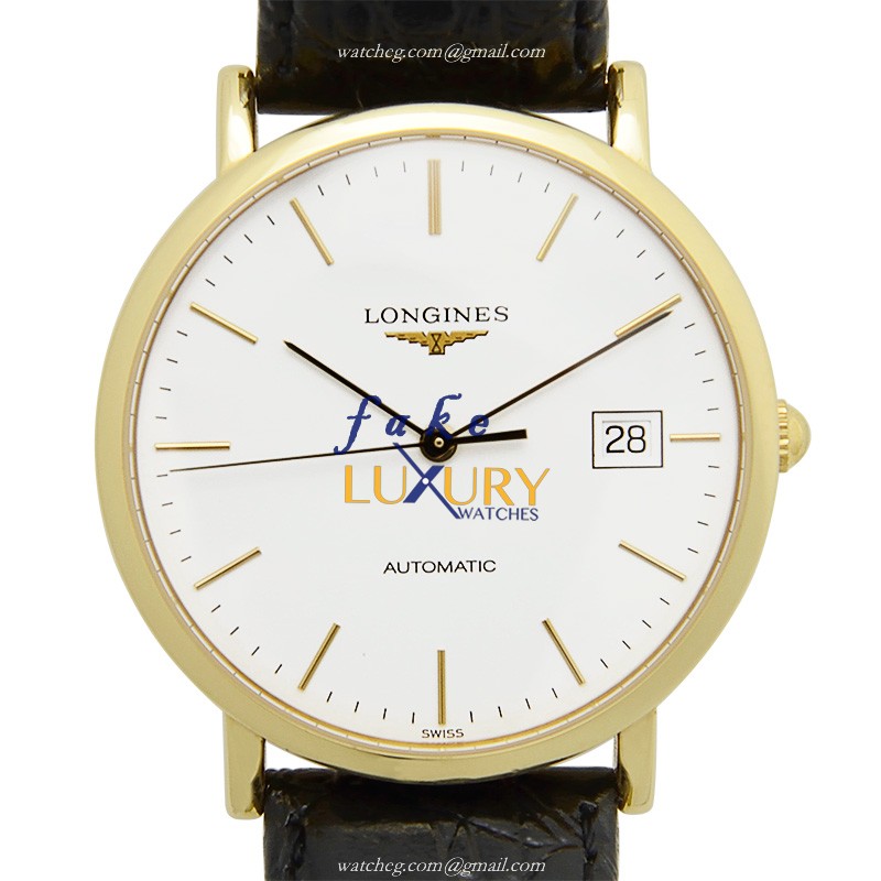 Longines L4.787.6.12.2 Replica Watch - Swiss Automatic, 18kt Yellow Gold Case, White Dial, Black - Luxury Replica Watch