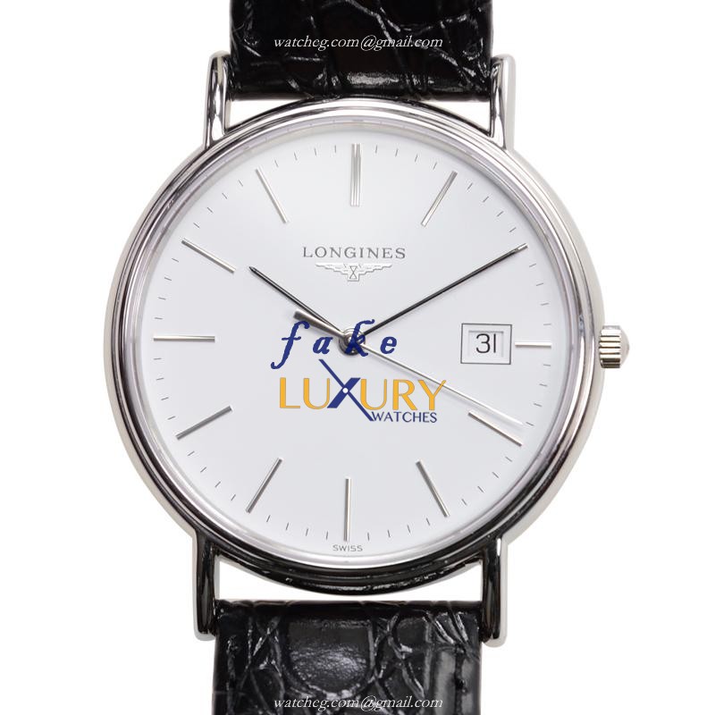 Longines L4.790.4.12.2 Replica Watch White Dial Steel Case Quartz Movement Black Alligator Strap