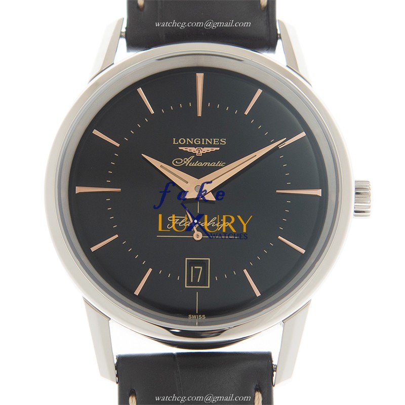 Longines L4.795.4.58.0 Heritage Replica Watch, Automatic Movement, Black Dial, Leather Strap