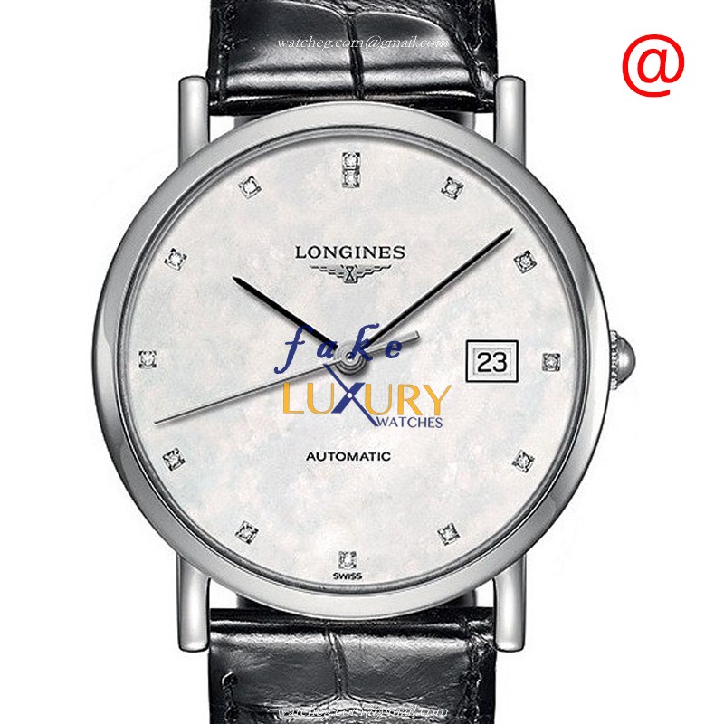 Longines L4.809.4.87.2 Replica Watch, White Mother of Pearl Dial, Steel Case, Black Leather Strap