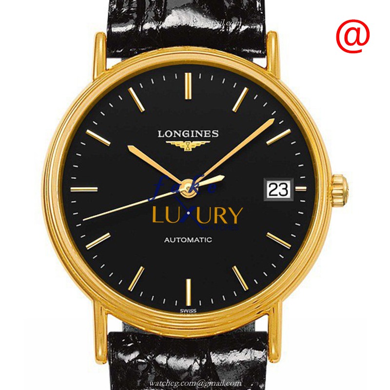 Longines L4.821.2.52.2 Replica Watch, Automatic Movement, Black Dial, PVD Gold Case, Leather Strap