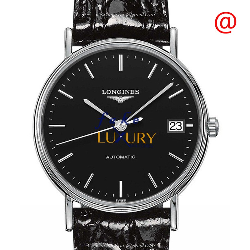 Longines L4.821.4.52.2 Presence Replica Watch Black Dial Stainless Steel Case Black Leather Strap