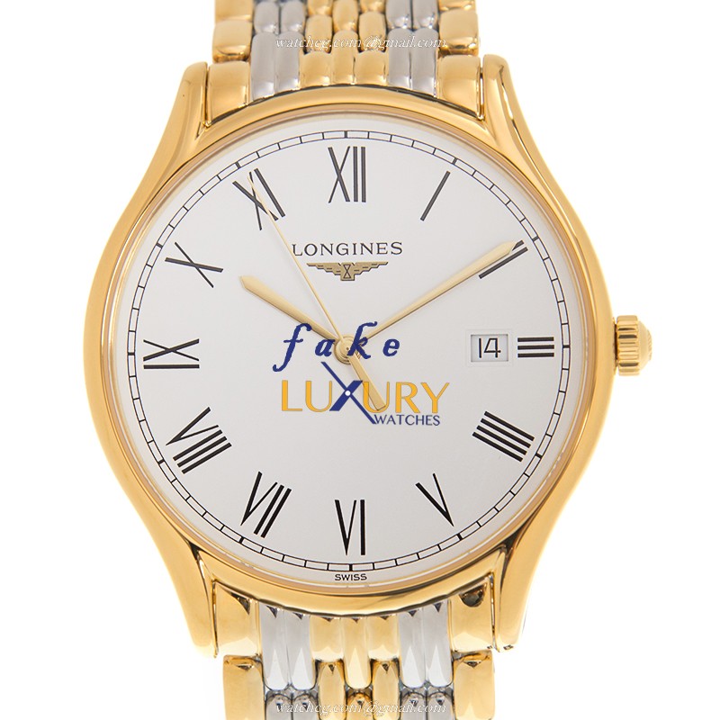 Longines L4.859.2.11.7 Replica Watch, Swiss Quartz, Gold-Plated Case, White Dial, Silver & Gold