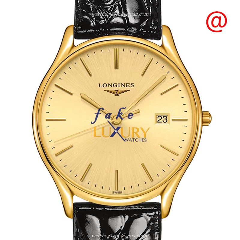 Longines L4.859.2.32.2 Replica Watch, Quartz Movement, PVD Gold Case, Gold Dial, Black Leather Strap