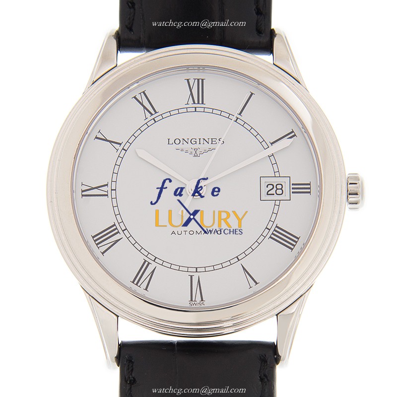 Longines L4.874.4.21.2 Flagship Replica Watch, Automatic Movement, White Dial, Alligator Strap