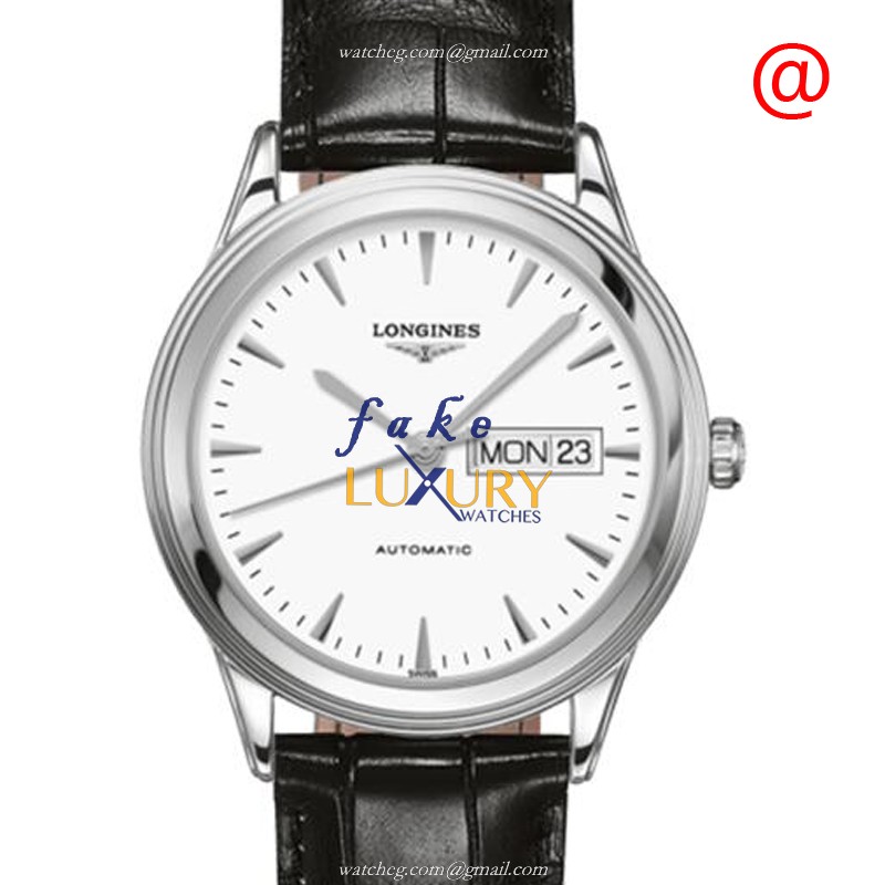 Longines L4.899.4.12.2 Flagship Replica Watch, Automatic, White Dial, Steel Case, Black Leather