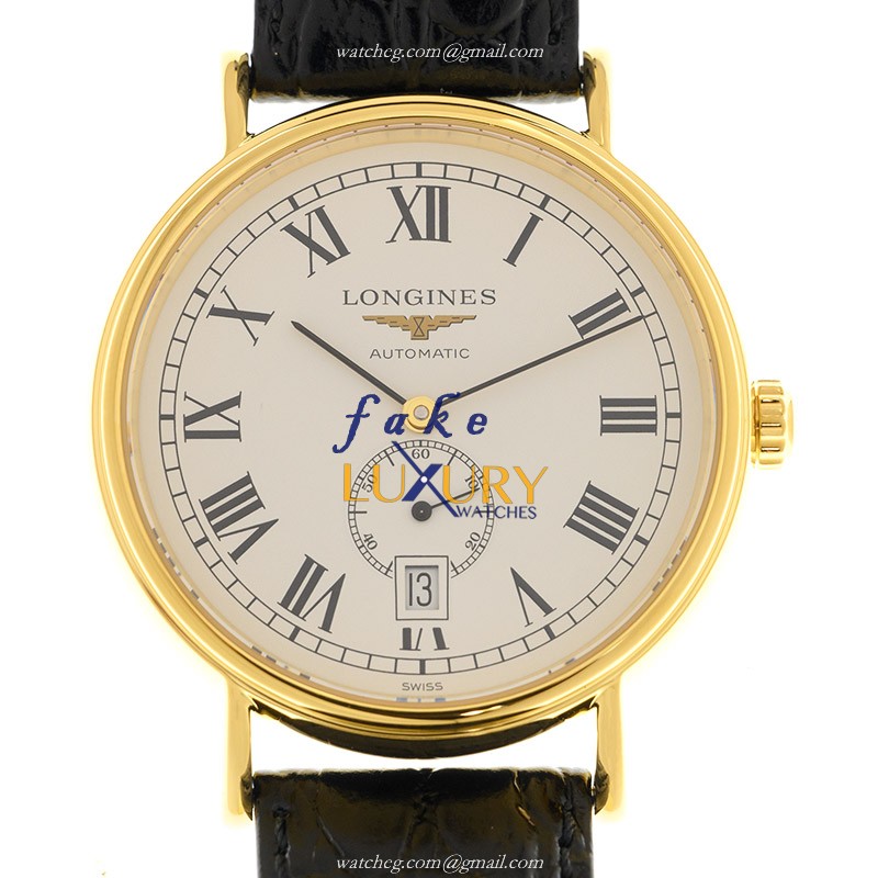 Longines L4.905.2.11.2 Automatic Replica Watch, White Dial, Gold-Plated Steel Case, Leather Strap