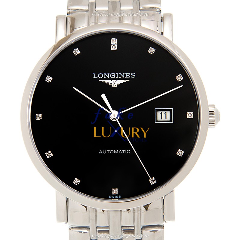 Longines L4.910.4.57.6 Elegant Replica Watch, Automatic Movement, Black Dial, Steel Bracelet