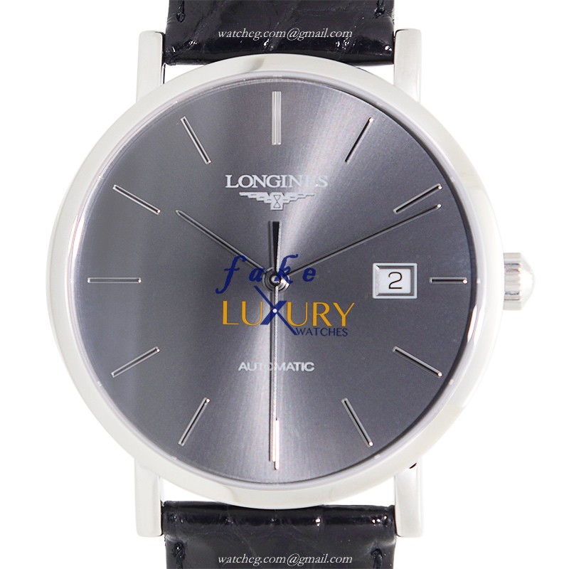 Longines L4.910.4.72.2 Elegant Replica Watch With Automatic Movement, Dark Grey Dial, Alligator