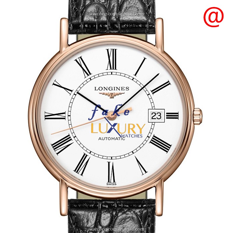 Longines L4.921.1.11.2 Replica Watch, White Dial, PVD Gold Case, Black Leather Strap, Automatic