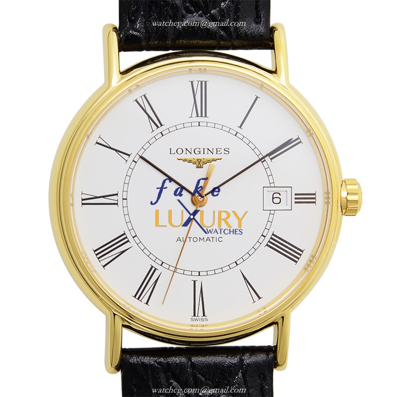 Longines L4.921.2.11.2 Replica Watch Automatic White Dial PVD Gold Case Alligator Strap