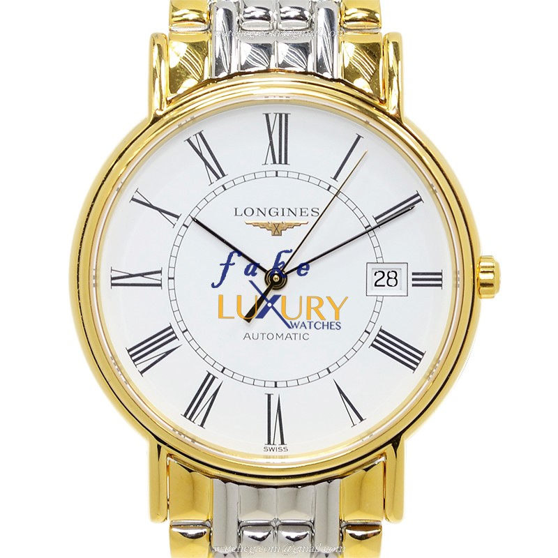 Longines L4.921.2.11.7 PRESENCE Auto 18kt Gold/Steel Watch - Swiss Clone - White Dial, Silver Band - Luxury Replica Watch