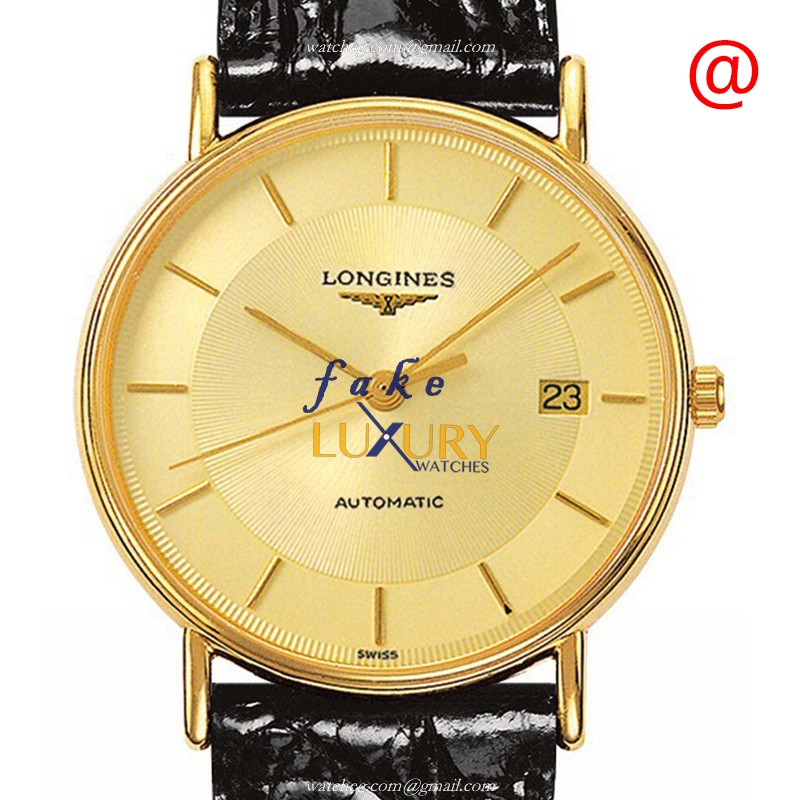 Longines L4.921.2.42.2 Replica Watch, Automatic, Gold Dial, PVD Gold Case, Black Leather Strap