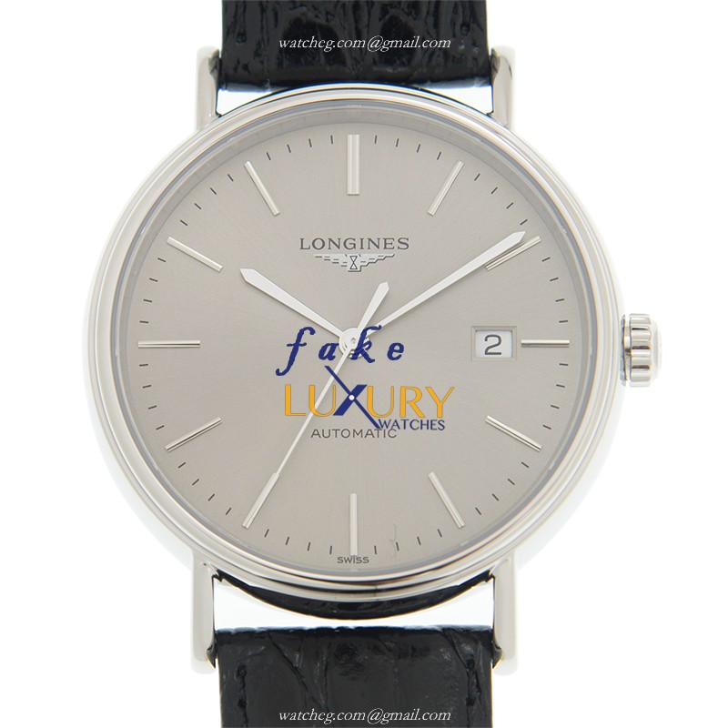 Longines L4.922.4.72.2 Replica Watch, Gray Dial, Steel Case, Automatic, Leather Strap
