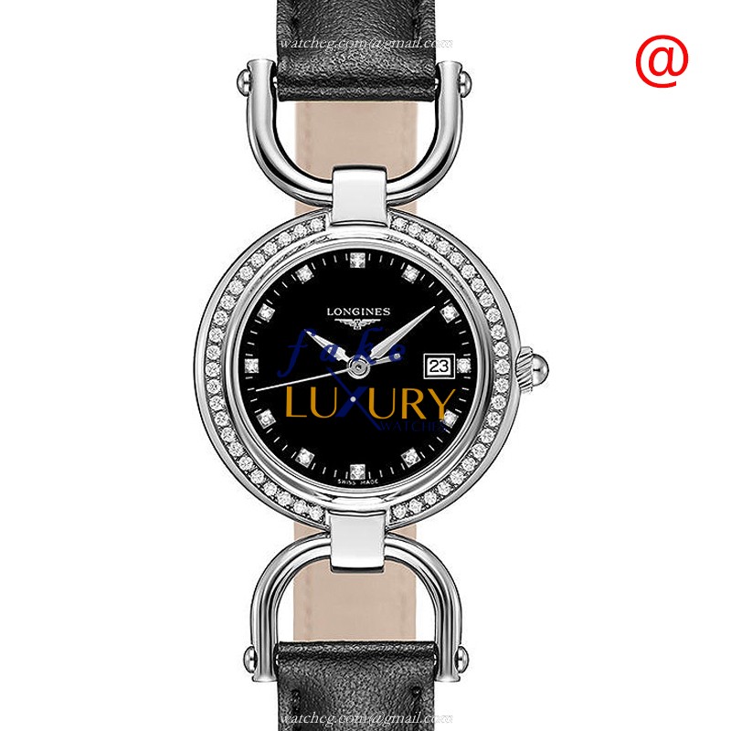 Longines L6.131.0.57.0 Equestrian Quartz Stainless Steel Diamonds Black Dial Leather Replica Watch