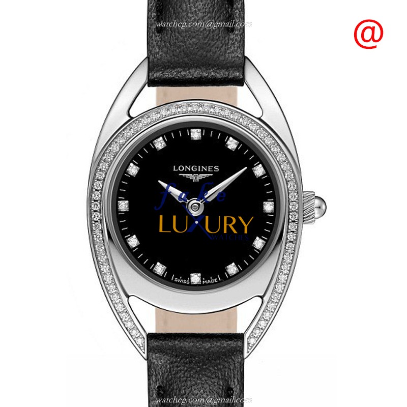 Longines L6.135.0.57.0 Replica Watch, Quartz, Black Dial, Stainless Steel & Diamonds Case, Leather - Luxury Replica Watch