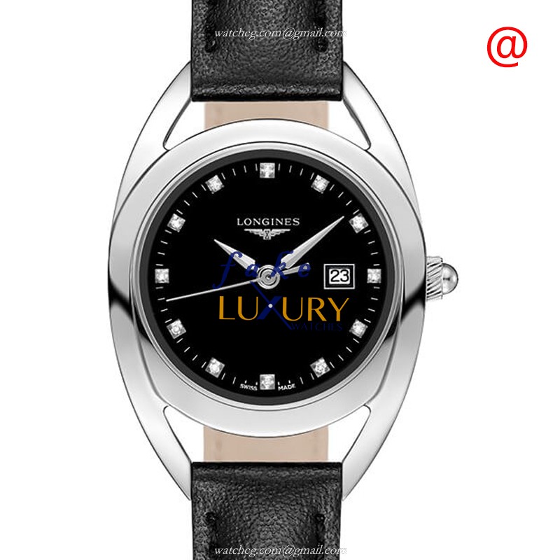Longines L6.137.4.57.0 Replica Watch, Black Dial, Steel Case, Quartz Movement, Leather Strap