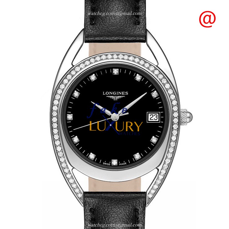Longines L6.138.0.57.0 Replica Watch, Quartz, Stainless Steel & Diamond Case, Black Dial, Leather - Luxury Replica Watch