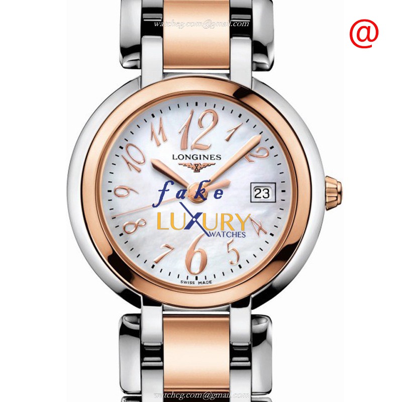 Longines L8.112.5.83.6 Quartz 18kt Rose Gold & Steel PRIMA LUNA Replica Watch, 30mm, Silver Dial