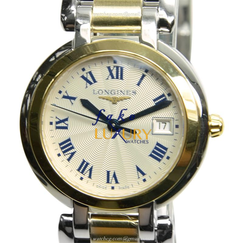 Longines L8.112.5.91.6 Prima Luna Replica Watch, Quartz Movement, 18kt Gold & Steel Case, Silver