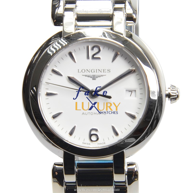 Longines L8.113.4.16.6 Prima Luna Replica Watch, White Dial, Automatic, Steel Bracelet