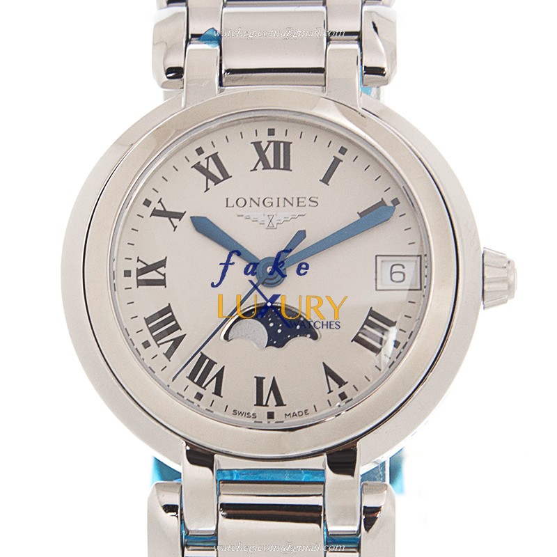 Longines L8.115.4.71.6 PRIMA LUNA Quartz Steel Replica Watch | White Dial Silver Strap