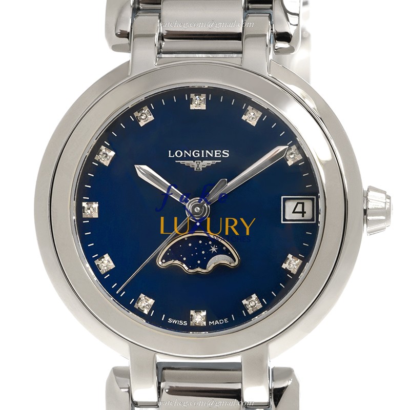Longines L8.115.4.98.6 PRIMA LUNA Quartz Stainless Steel Replica Watch, Blue Dial, Push Button Clasp