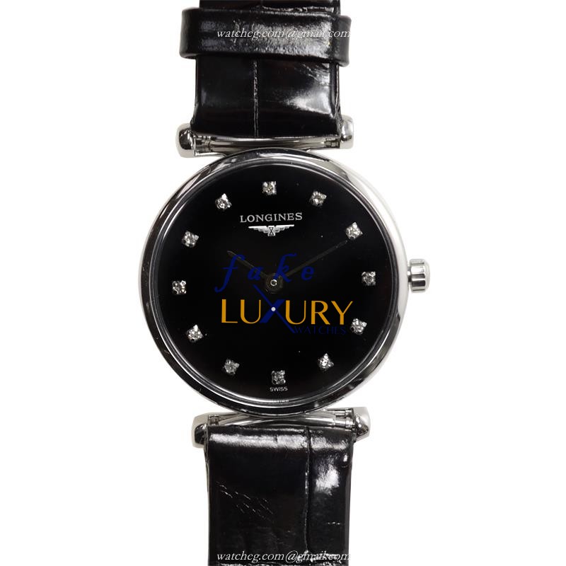 Longines LA GRANDE L4.209.4.58.2 Quartz Replica Watch Black Dial Steel Case Alligator Strap