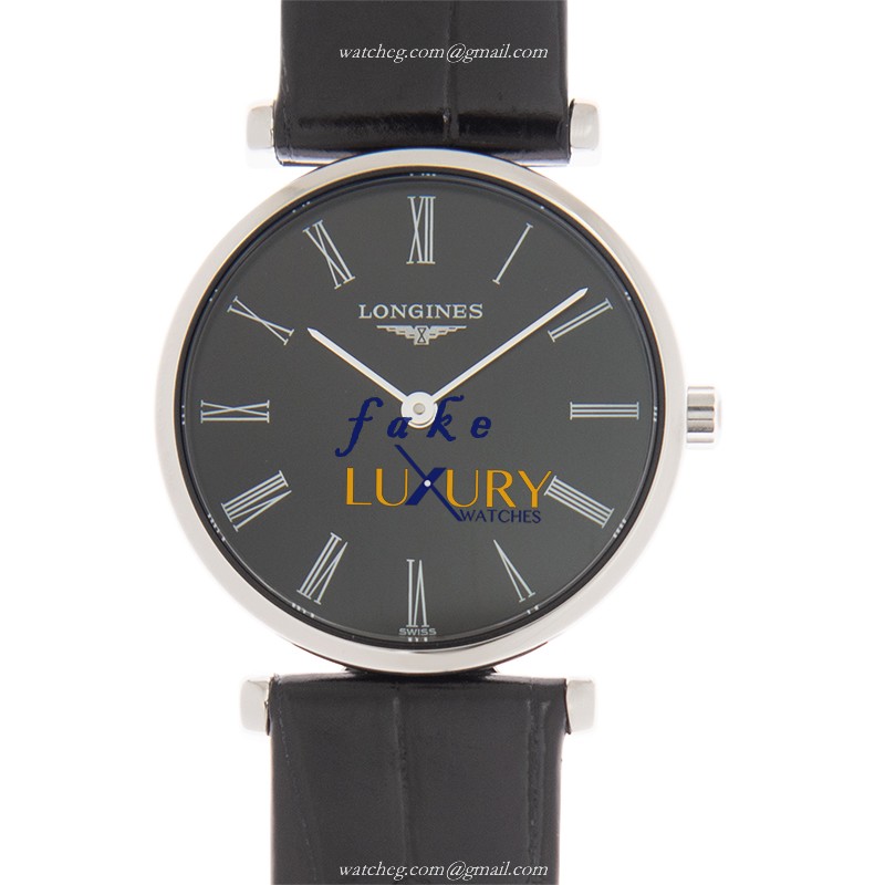 Longines La Grande Quartz L4.209.4.51.2 Stainless Steel Black Dial Alligator Strap Replica Watch