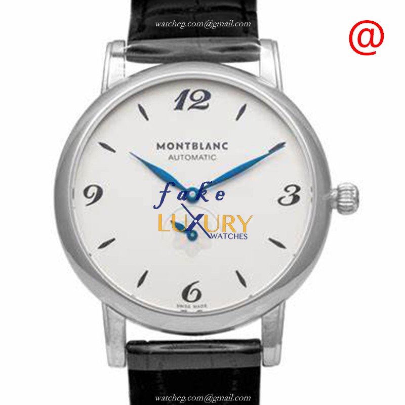 Mont Blanc 107073 STAR Automatic Replica Watch, White Dial, Stainless Steel Case, Black Leather - Luxury Replica Watch