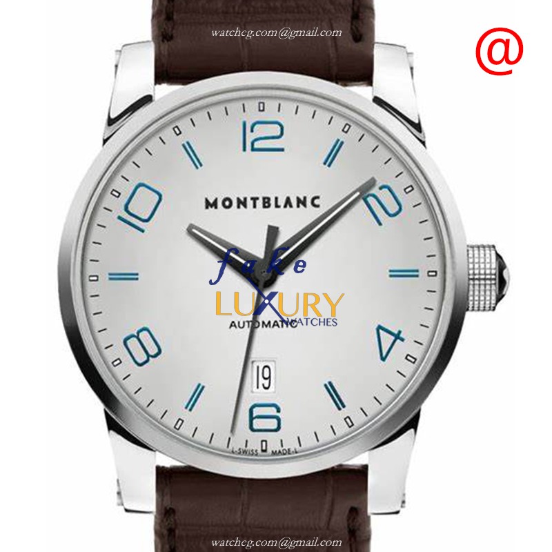 Mont Blanc 110338 TIMEWALKER Replica Watch, 42mm Automatic, Silver Dial, Steel Case, Brown Leather - Luxury Replica Watch