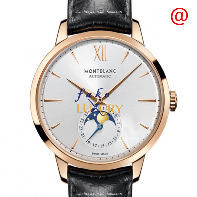 Mont Blanc Heritage Spirit 111185 Automatic 18kt Rose Gold Silver Dial Leather Replica Watch - Luxury Replica Watch