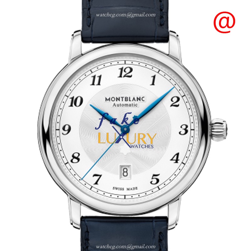 Mont Blanc 117575 Star Legacy Automatic Replica Watch, Silver Dial, Blue Leather Strap - Luxury Replica Watch