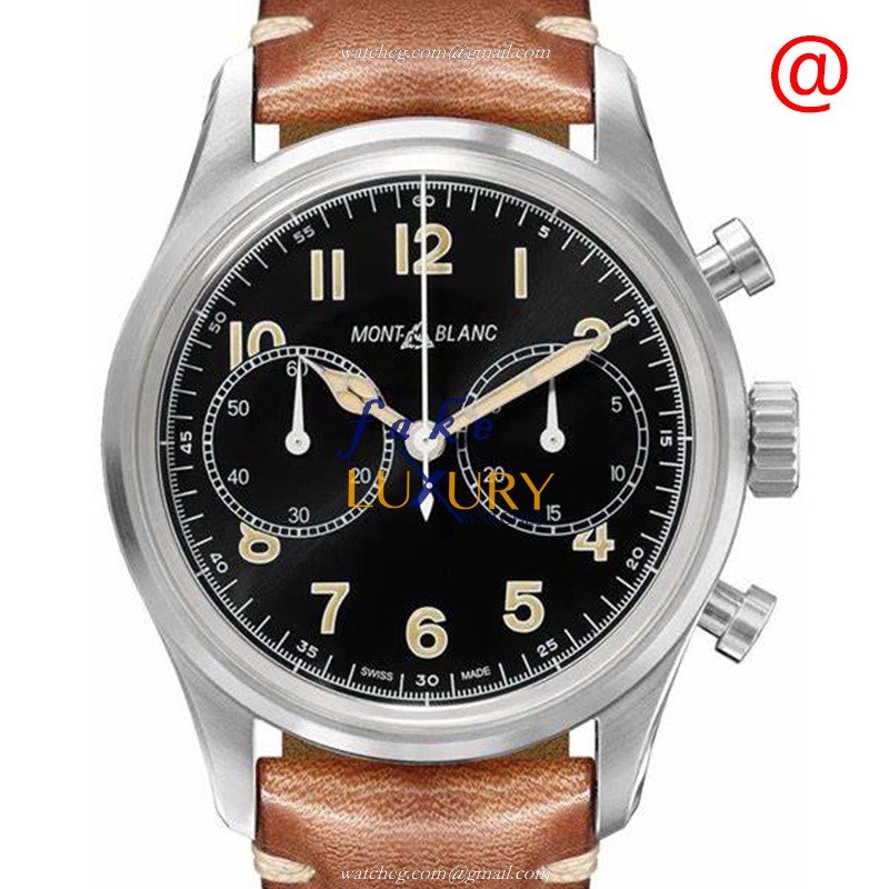 Mont Blanc 1858 Automatic Replica Watch 117836 - Steel Case - Black Dial - Brown Leather - Luxury Replica Watch