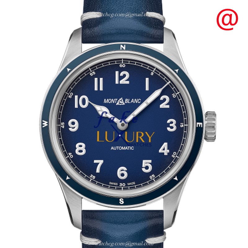 Mont Blanc 1858 126758 Replica Watch, Blue Dial, Steel Case, Automatic Movement, Blue Leather Strap - Luxury Replica Watch