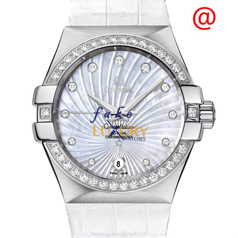 Omega 123.18.35.20.55.001 CONSTELLATION Automatic Stainless Steel Watch - White Dial, Alligator - Luxury Replica Watch