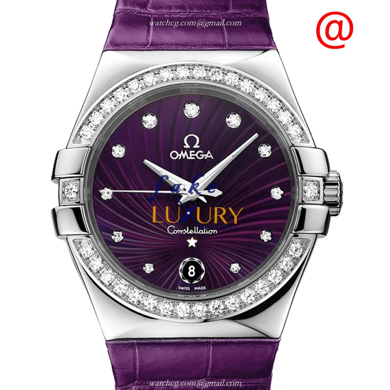 Omega 123.18.35.60.60.001 CONSTELLATION Quartz Steel & Diamond Replica Watch | Alligator Purple - Luxury Replica Watch