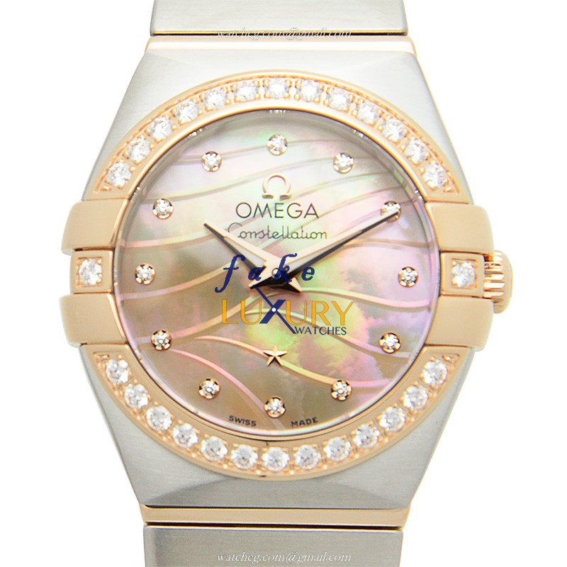 Omega 123.25.24.60.57.002 Constellation Quartz 18kt Rose Magic Diamond - Pink Dial - Silver Strap - Luxury Replica Watch