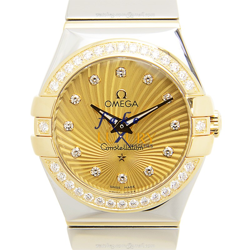 Omega 123.25.27.60.58.002 Replica Watch, Quartz, Gold Dial, 18kt Gold & Diamond & Steel Case - Luxury Replica Watch