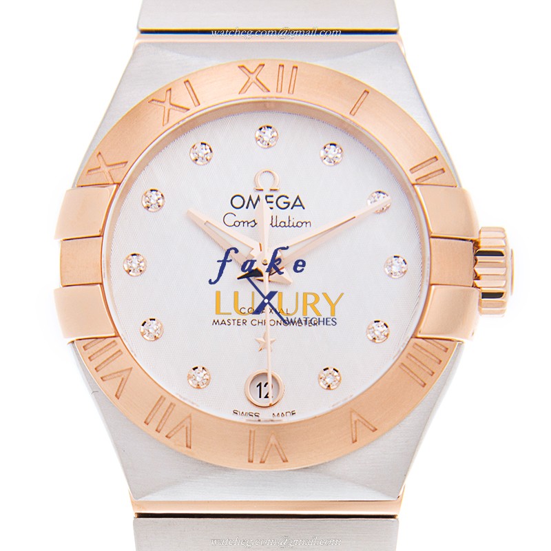 Omega 127.20.27.20.52.001 CONSTELLATION Auto 18kt Rose Gold & Steel | Silver Dial | Gold Strap - Luxury Replica Watch