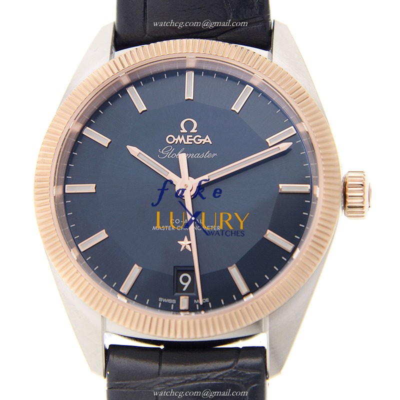 Omega Constellation 130.23.39.21.03.001 Replica Watch, Blue Dial, 18kt Rose Gold & Steel, Alligator - Luxury Replica Watch