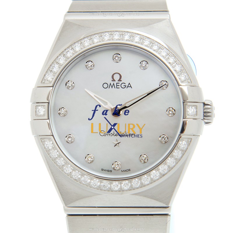 Omega 131.15.28.60.55.001 Quartz Replica Watch, Stainless Steel Case & Diamonds, White Mother of - Luxury Replica Watch
