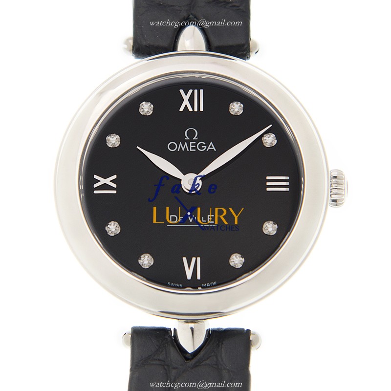 Omega 424.13.27.60.51.001 DE VILLE Quartz Steel Case Replica Watch, Black Dial, Leather Strap - Luxury Replica Watch