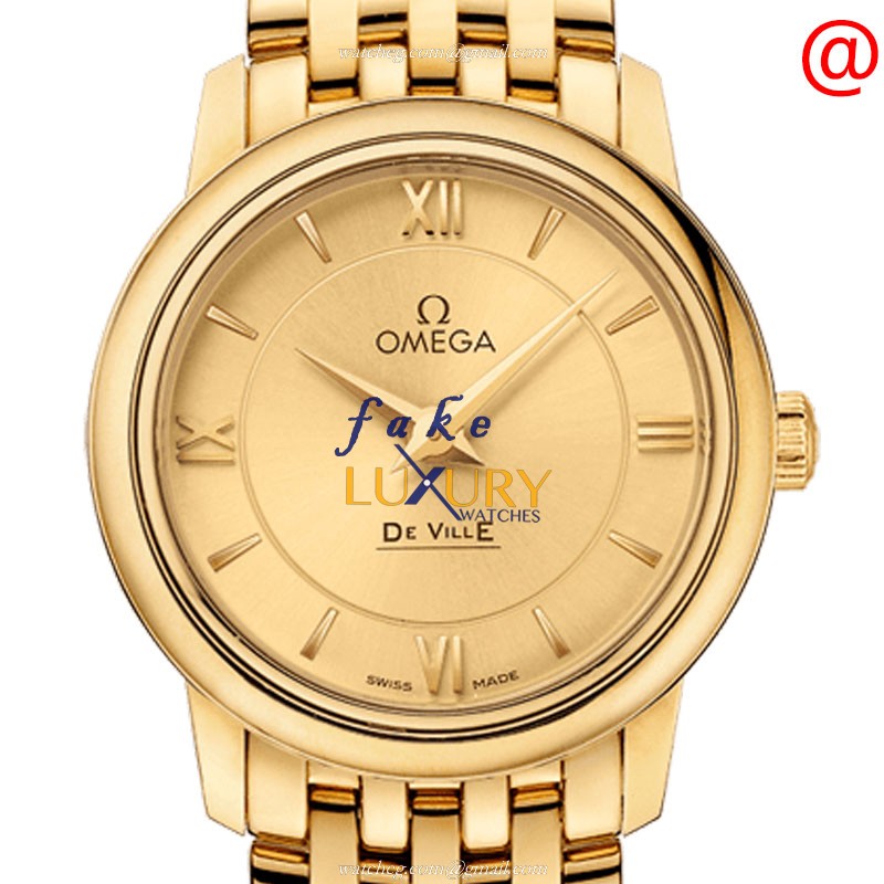 Omega De Ville 424.50.27.60.08.001 Replica Watch, Quartz, Yellow Dial, 18kt Yellow Gold Case - Luxury Replica Watch