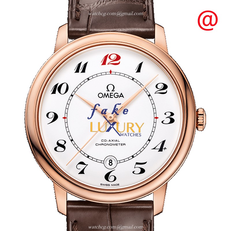 Omega 424.53.40.20.04.004 Automatic 18kt Rose Gold Replica Watch - White Dial, Brown Alligator Strap - Luxury Replica Watch