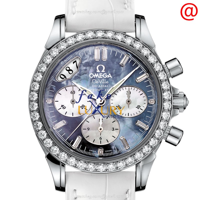 Omega De Ville 4877.72.36 Replica Watch, Blue Dial, Steel & Diamonds Case, White Leather Strap - Luxury Replica Watch