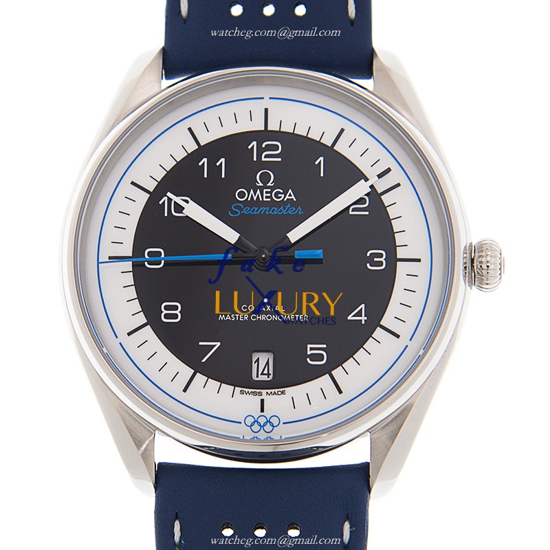 Omega 522.32.40.20.01.001 Replica Watch Automatic Movement Black Dial Blue Leather Strap Steel Case - Luxury Replica Watch